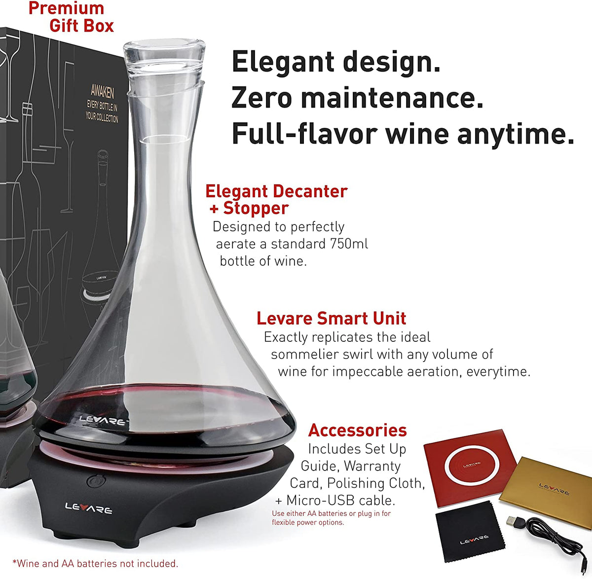 LEVARE Naturally Aerating Decanter and Revolving Base - Premium Aeration with the Sommeliers Swirl - Perfectly Ages Your Wine in Minutes