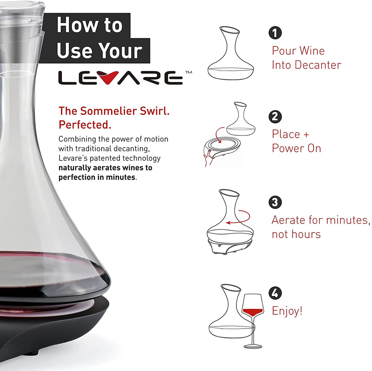 LEVARE Naturally Aerating Decanter and Revolving Base - Premium Aeration with the Sommeliers Swirl - Perfectly Ages Your Wine in Minutes